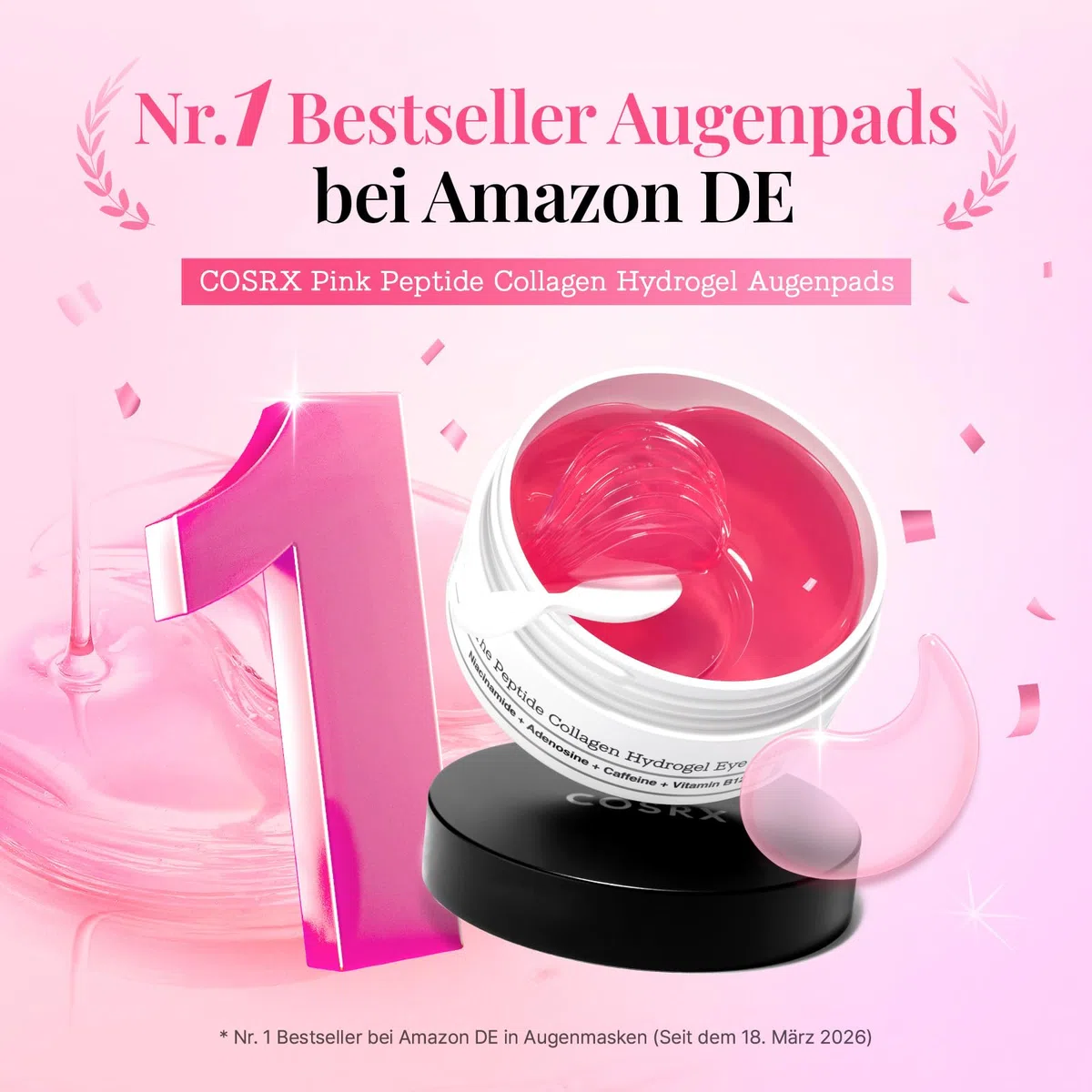 COSRX Pink Peptide Collagen Hydrogel Augenpads mit Koffein gegen Augenringe, vermindert das Volumen von Tränensäcken und Schwellungen, Anti-Falten Eye Patches, Korean Skincare, 60 Stück