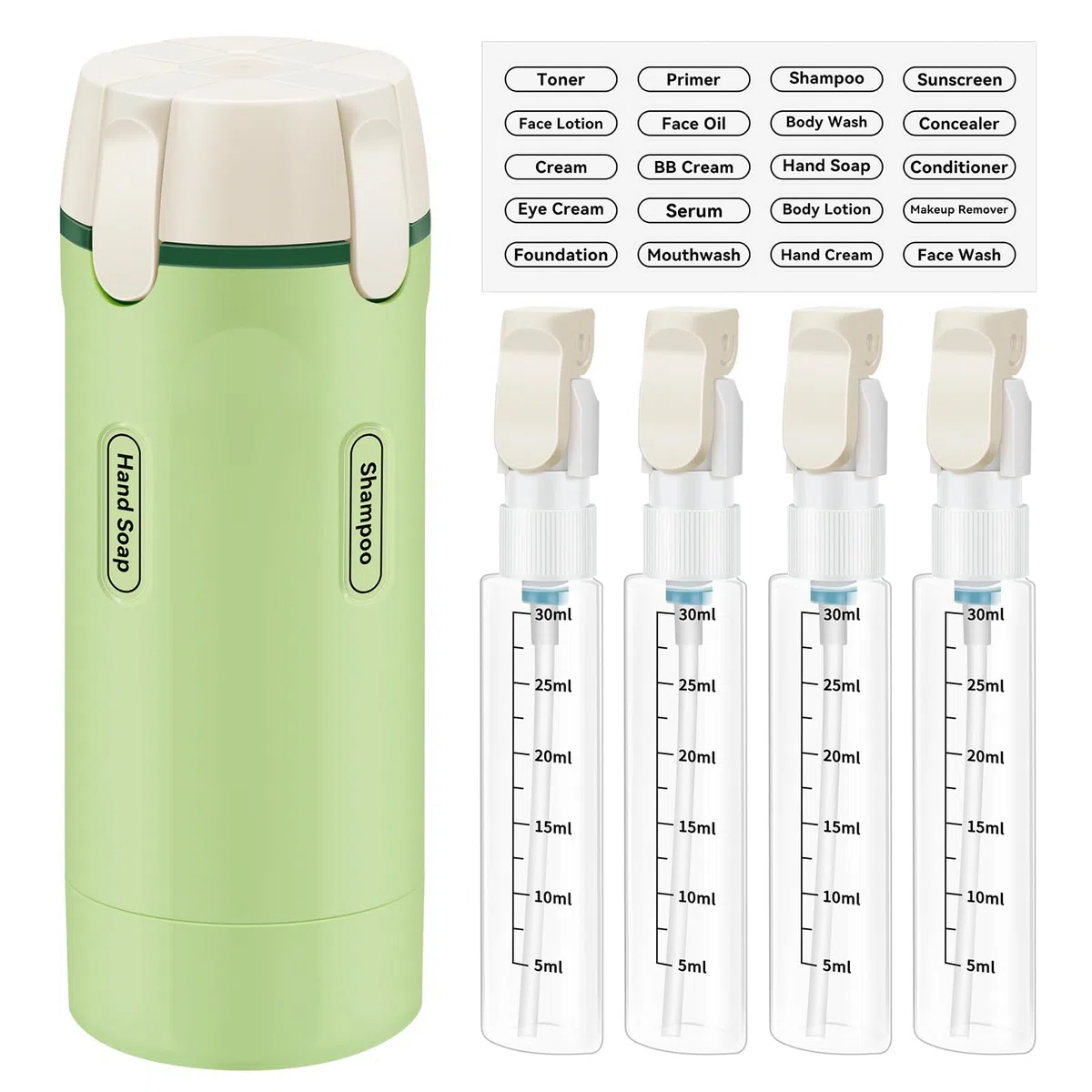 4-in-1-Reisespender, nachfüllbare Reiseflaschen für Toilettenartikel, auslaufsicher, tragbar, mit Skala und Etikett, für Shampoo, Conditioner, Lotion, Creme, Geschäftsflüge, Reisen, Fitnessstudio