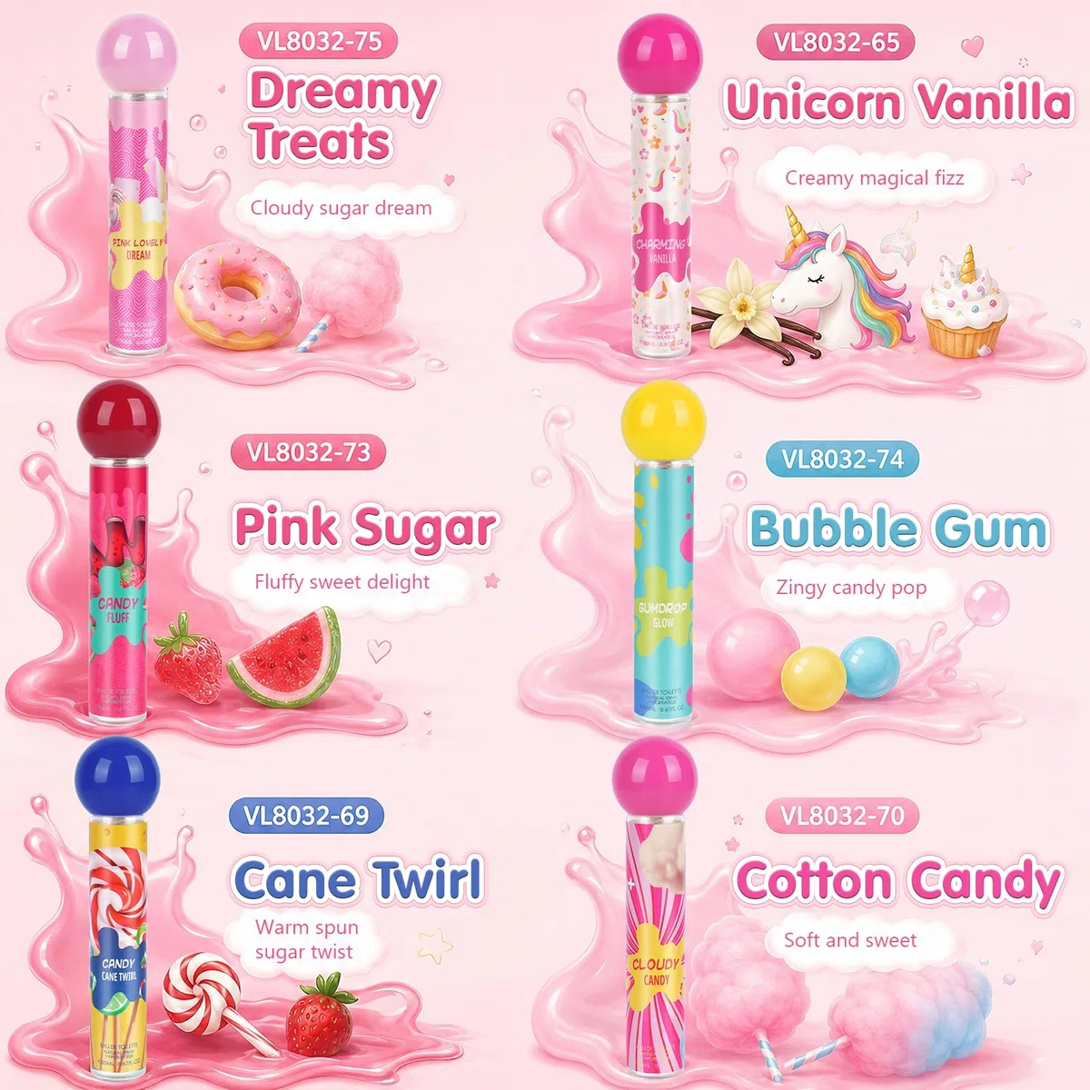 Bodyspray Set für Mädchen, 6x20ml Tragbarer Duftspray für Damen, Mini Reise Parfüm Set im süßen Cartoon-Design, für Haut und Haar , Geschenk Set für Teenager Mädchen und junge Frauen
