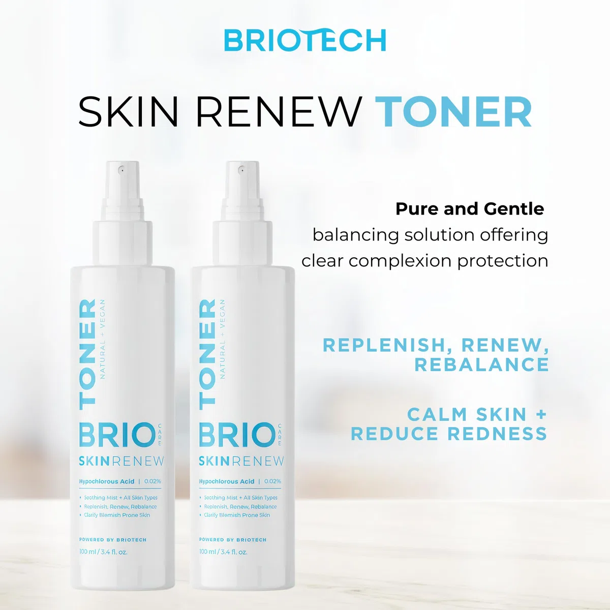 BRIOTECH Skin Renew Toner Gesichtsspray - reines Hypochlorous Acid Spray - beruhigendes HOCl Gesichtswasser für alle Hauttypen - feuchtigkeitsspendender, Erfrischung Hypochlorige Säure Toner, 100 ml