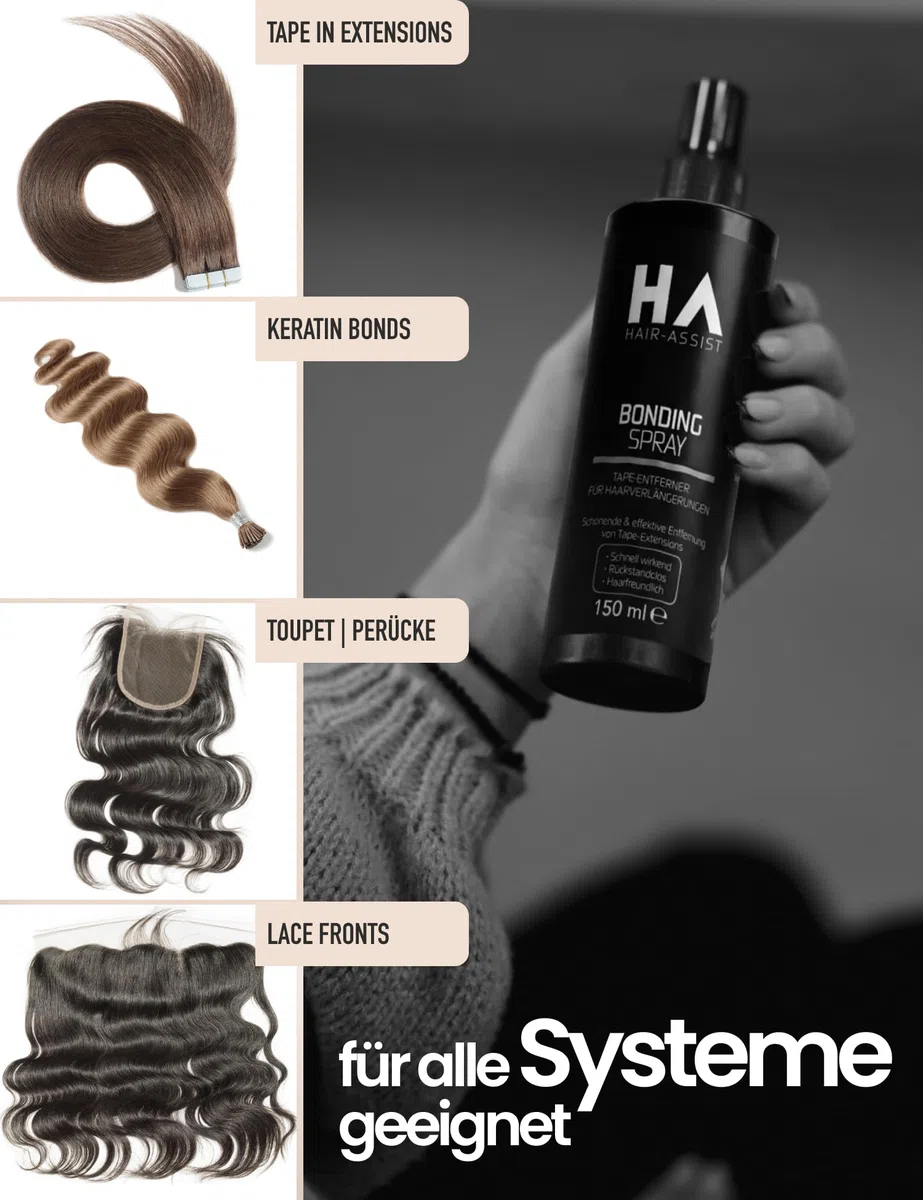 Hair-Assist Bonding Spray – Made in Germany – Tape Extensions Löser & Bondinglöser für Hair Extensions, Lace, Toupet & Perücke | Rückstandslos, schnell wirkend
