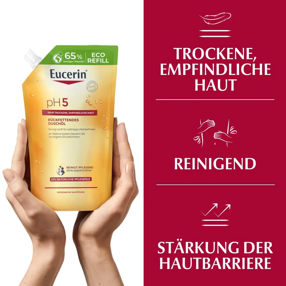 Eucerin pH5 Rückfettendes Duschöl Nachfüllbeutel 400 ml, seifenfreies Duschgel für sehr trockene und empfindliche Haut, für die tägliche Hautpflege mit natürlichen Ölen