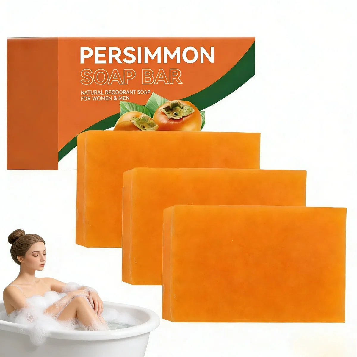 3 Stück Persimmon Soap-Kaki Seife-Natural Presimmon Soap-mit Feuchtigkeitsspendender, Aufhellender und Tiefenreinigender Wirkung, angereichert mit Kokosöl, Grüntee und Hyaluronsäure