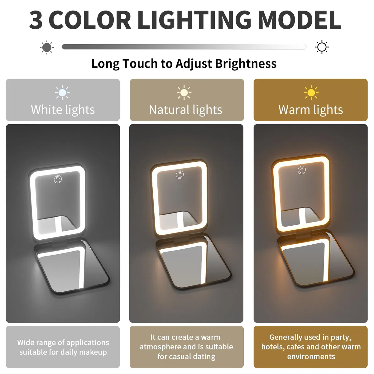Kintion LED Taschenspiegel, 1X/3X Reisespiegel mit licht, Wiederaufladbarer Taschenspiegel, 3 Farbtemperatur Taschenspiegel Klappbar, Dimmbar, Kleine Handtaschenspiegel Frauen als Geschenk, Schwarz