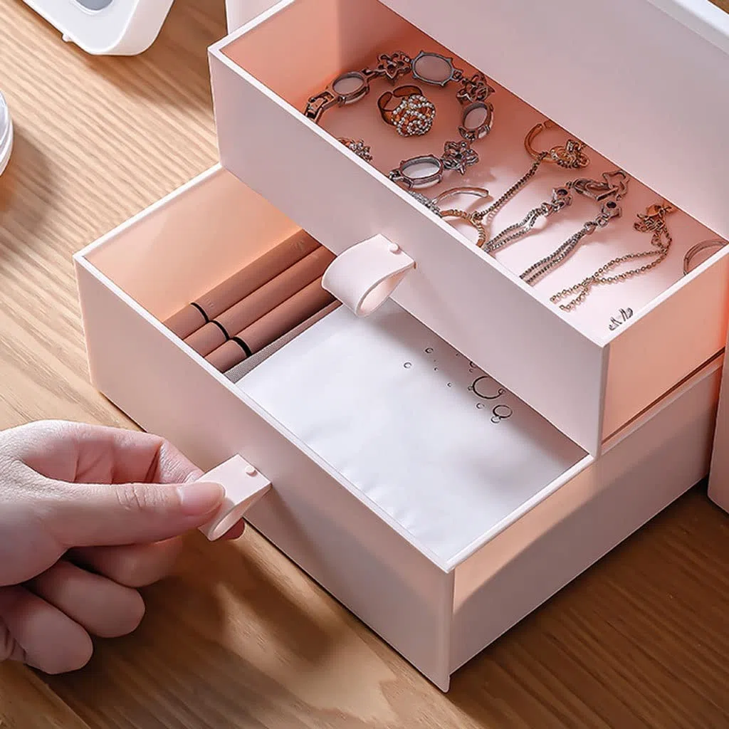 Kosmetische Vitrine Tragbare Kosmetik-Aufbewahrungsbox Hautpflege-Aufbewahrungsbox mit beleuchtetem Make-up-Spiegel-Aufbewahrungsbox Geeignet for Badezimmer-Schlafzimmer-Kommode Make-up-Organizer