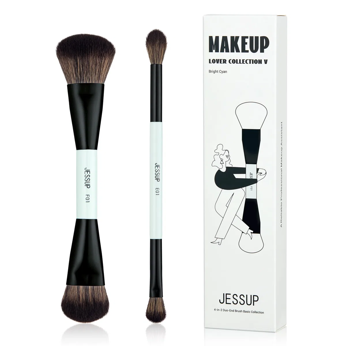 Jessup Pinselset Make Up Set, 2tlgs Makeup Pinsel, 4-in-2 Duo-End Pinsel Basiskollektion, Foundation Kontur Highlighter Lidschatten helles Zyan T502