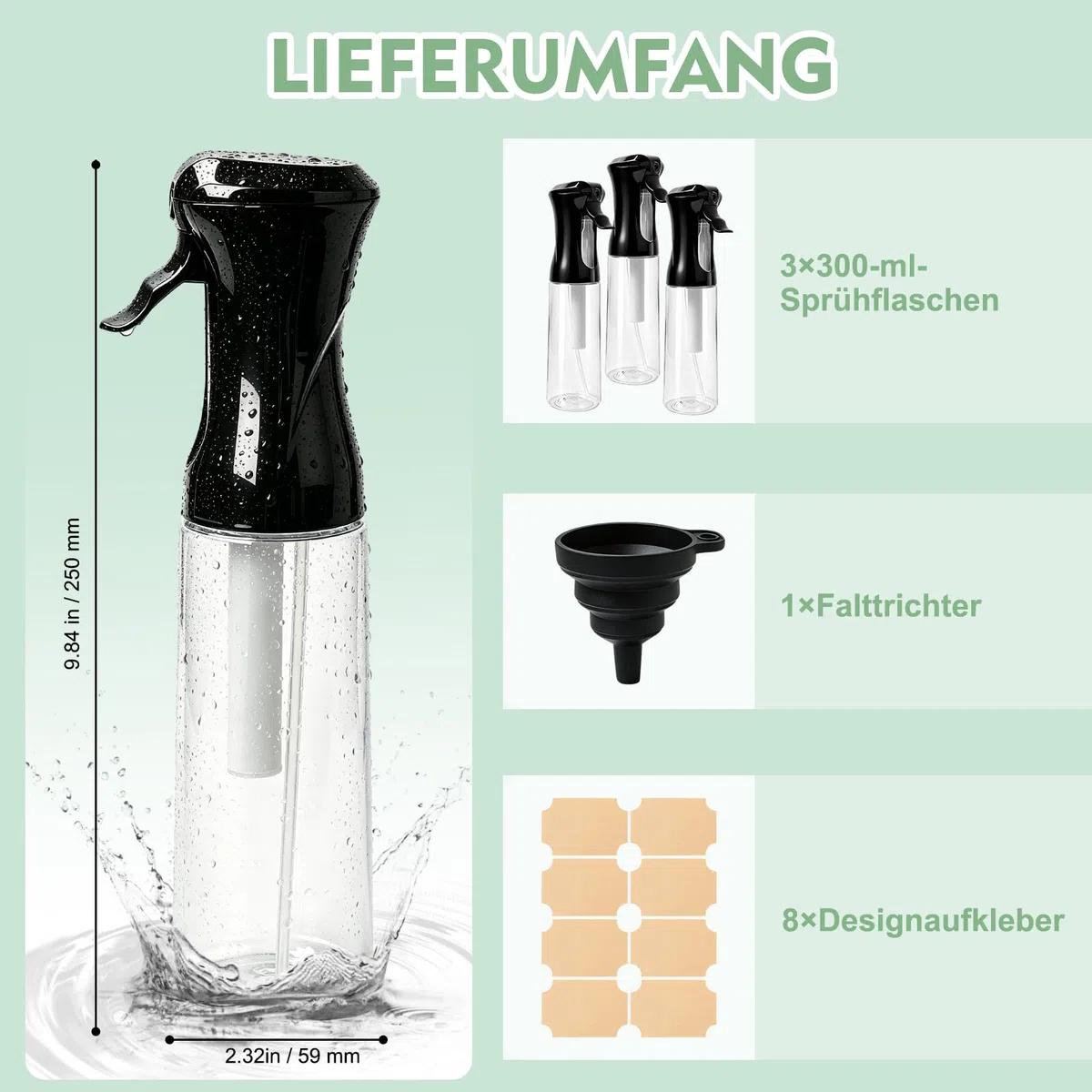 3 Pack 300ml Sprühflasche, Ultrafeiner Nebel Spray Bottle, Sprühflaschen für Reinigung, Pflanzen, ätherische Öle, Haarpflege, nachfüllbare leere Sprühflasche mit justierbarer Düse für Spritz