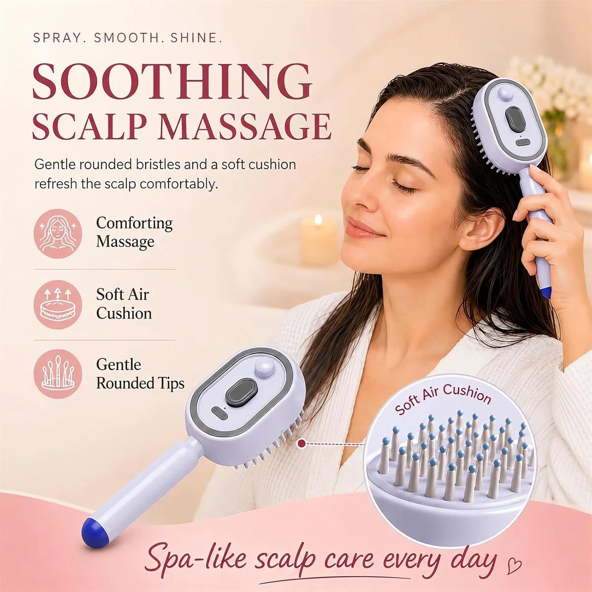 Electric Spray Air Cushion Massage Comb, 3-in-1 Spray Air Cushion Massage Comb & Self-Cleaning, Rechargeable Scalp Massage Brush, Anti-Static Detangling Hairbrush for Wet, Dry, Curly Hair (Pink)