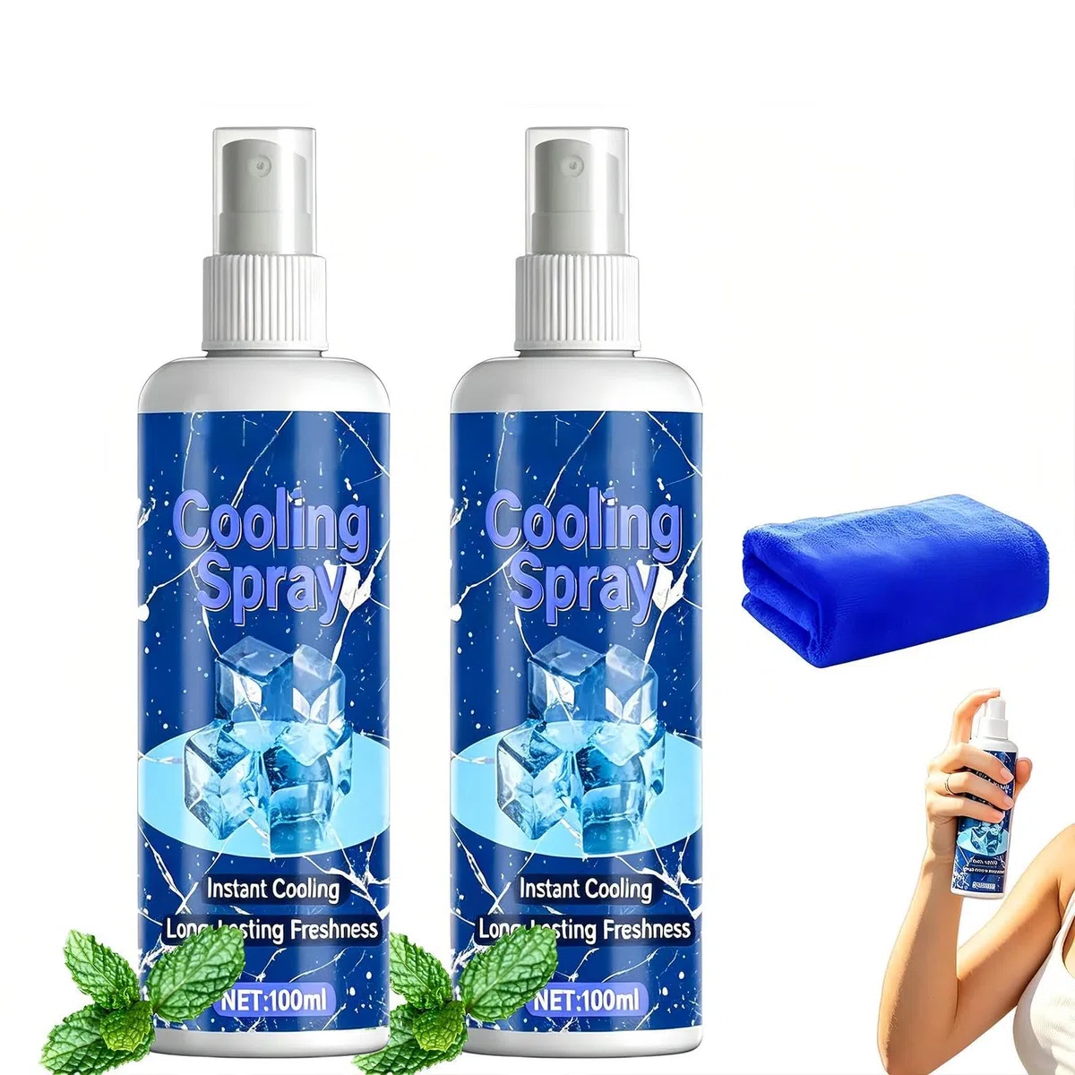 Kühlspray für Heißes Wetter, 2x 100ml Minz Kühlendes Spray für Körper, Gesicht & Kleidung, Auto Erfrischungsspray Langanhaltender Sofortige Abkühlung Eissprays für Sportler, Pendler & Outdoor