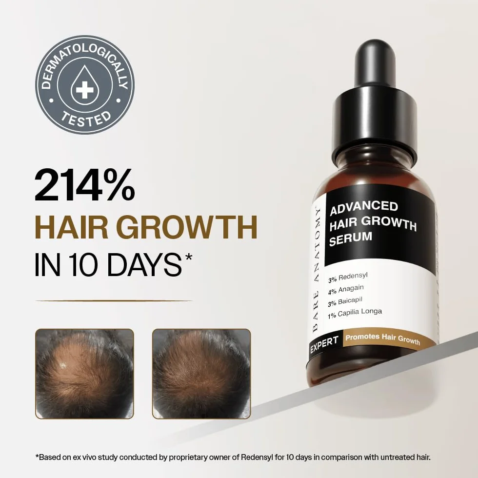 Bare Anatomy Advanced Hair Growth Serum | 3% Redensyl + 4% Anagain + 3% Baicapil + 1% Capilia Longa, Rosemary, Biotin & Rice Extract | Hair growth & Hair fall control serum for Women & Men | 30mL