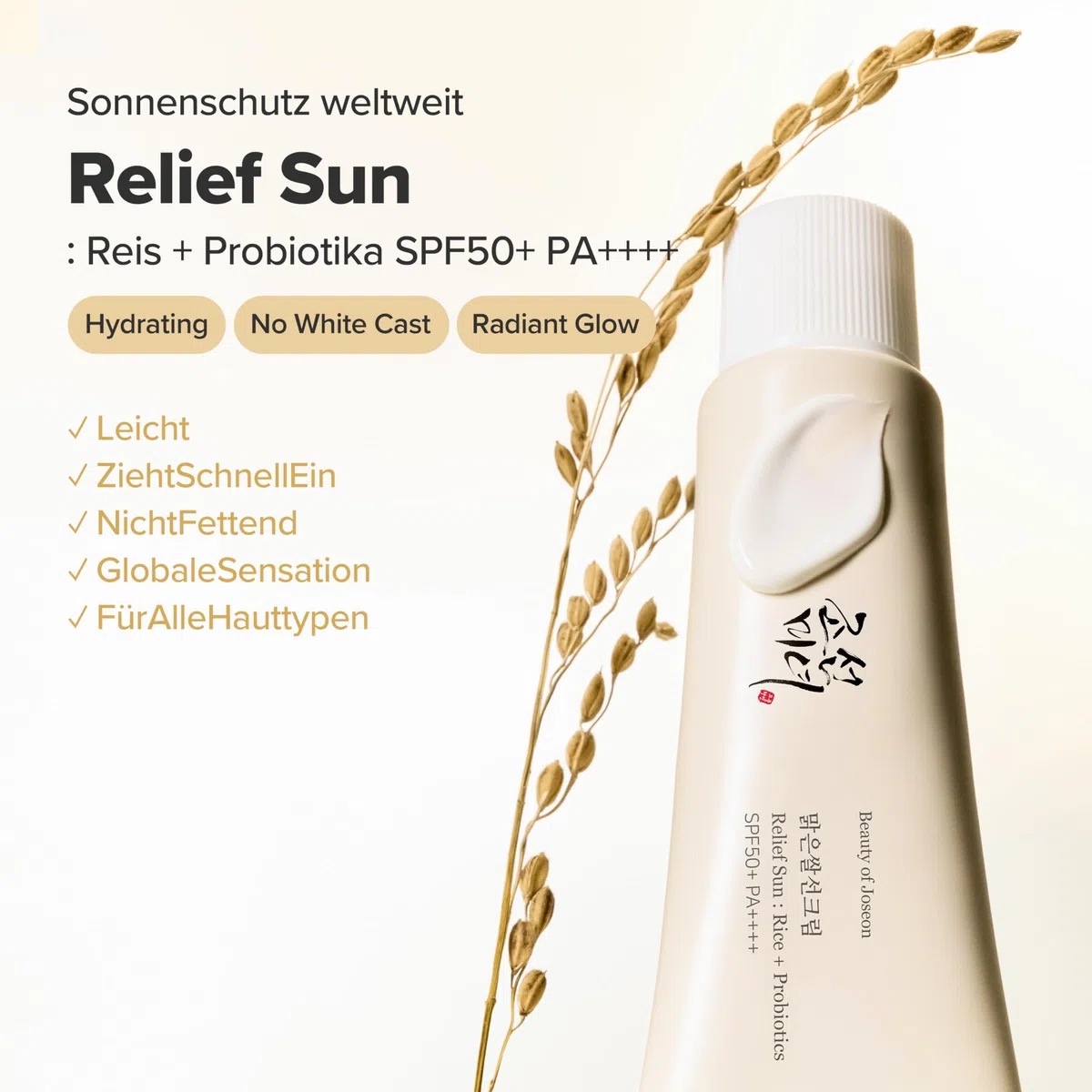 Beauty of Joseon Relief Sun Rice + Probiotics | Korean Skincare Koreanische Kosmetik Kein Weißer Schleier, Hydratisierende Sonnencreme Gesicht SPF 50+ PA++++, 50ml