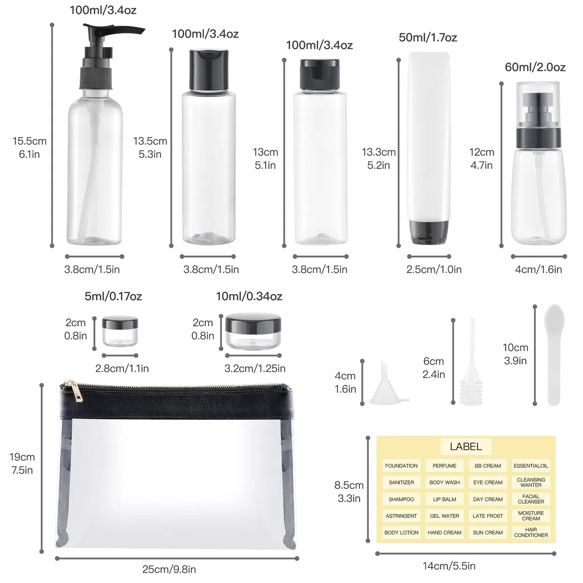 Toureal 15 Stück Leere Reiseflaschen Set (Max.100ml) Leder Reisegrößen Behälter, Reise Flaschen für Kosmetik Flugzeug (Transparent)