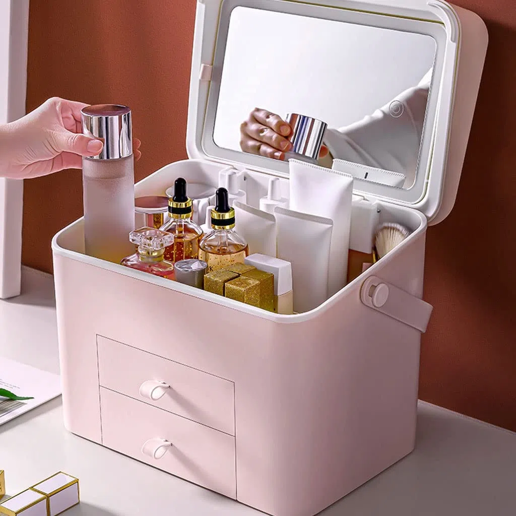 Kosmetische Vitrine Tragbare Kosmetik-Aufbewahrungsbox Hautpflege-Aufbewahrungsbox mit beleuchtetem Make-up-Spiegel-Aufbewahrungsbox Geeignet for Badezimmer-Schlafzimmer-Kommode Make-up-Organizer
