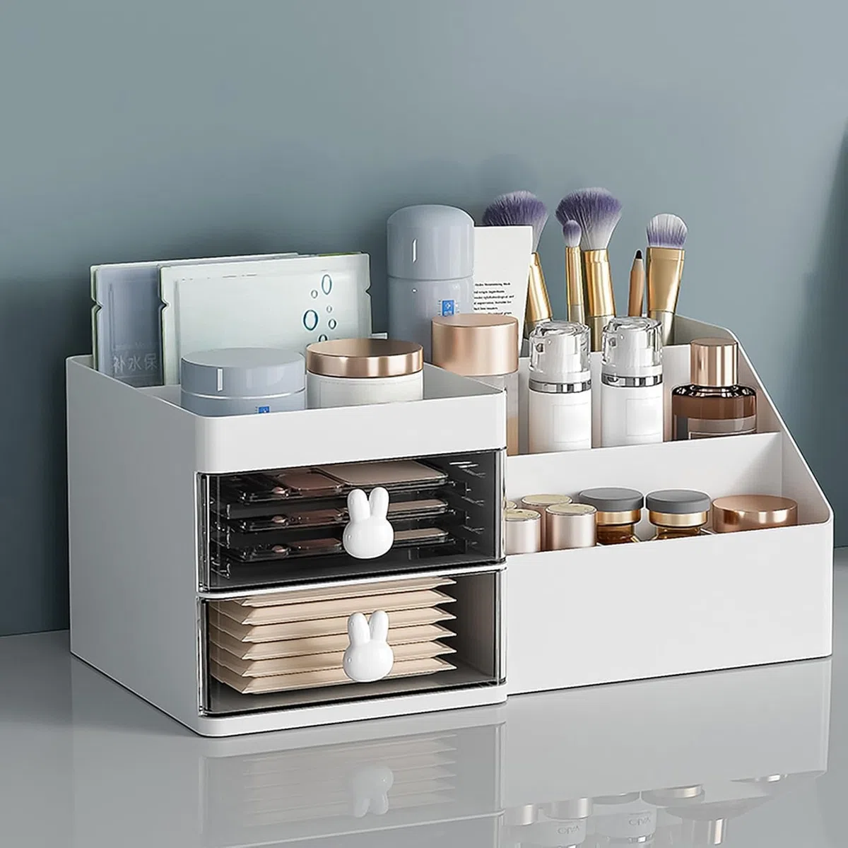 Make Up Organizer Kosmetik Aufbewahrungsbox Schminktisch Kosmetik Organizer mit Schublade, Make-up Schminkbox mit Schubladen für Dresser, Schlafzimmer, Badezimmer (weiß)