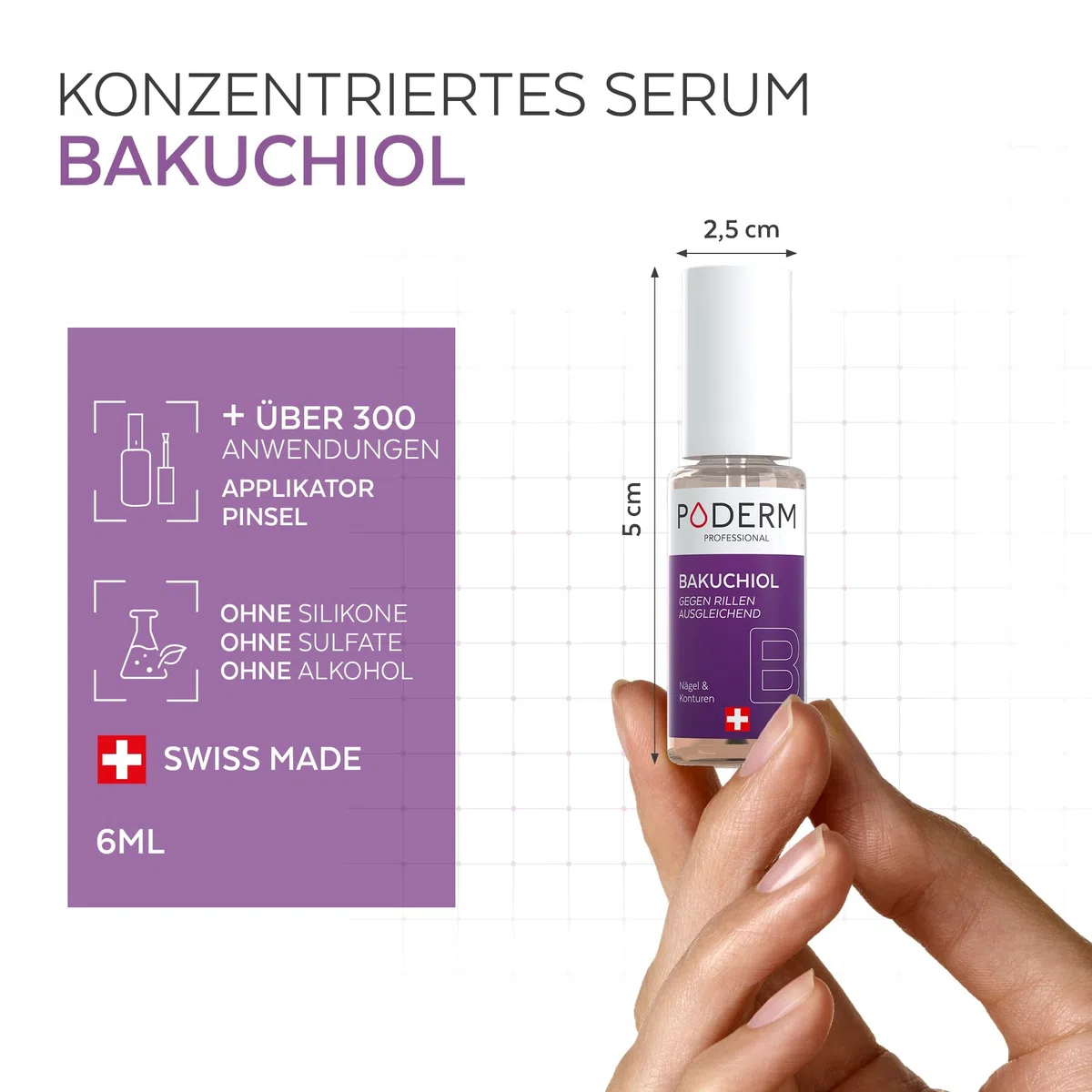 Poderm 5 in 1 Nagel Booster Serum - Bakuchiol | Nährt und Stärkt die Gerillter Nägel - 6 ML | Hydratisierende & Vereinheitlichende Pflege | 100% Natürlich - Entwickelt von einem Podologen in Schweiz